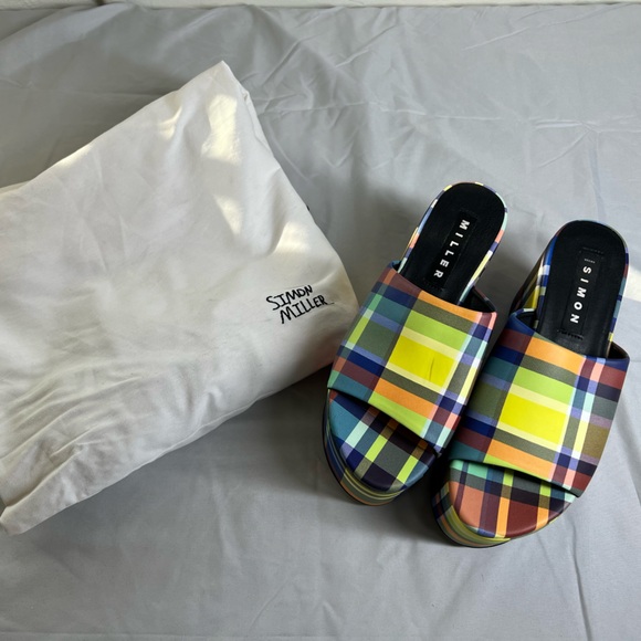 Simon Miller Retro Yellow Check Plaid Leather Blackout Platform Slide Sandals - Picture 2 of 10